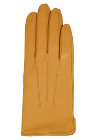 Gant en cuir tan au toucher lisse, présentant quatre doigts allongés, des coutures subtiles et un design classique sans embellissements.
