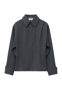 Dark grey, textured button-up shirt with a collar, long sleeves, and front placket; features tailored seams and folded cuffs.