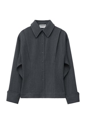 Dunkelgraues, strukturiertes Hemd mit Kragen, langen Ärmeln und durchgängiger Knopfleiste; verfügt über taillierte Nähte und umgeschlagene Manschetten.