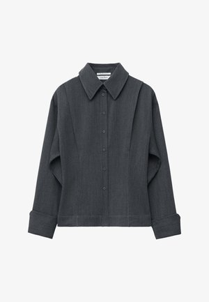 Dunkelgraues, strukturiertes Hemd mit Kragen, langen Ärmeln und durchgängiger Knopfleiste; verfügt über taillierte Nähte und umgeschlagene Manschetten.