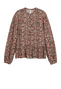 Langarmbloes in donkere tinten met een ronde hals, geplooide zoom en een mix van rode, roze, gele en groene bloemenpatronen.