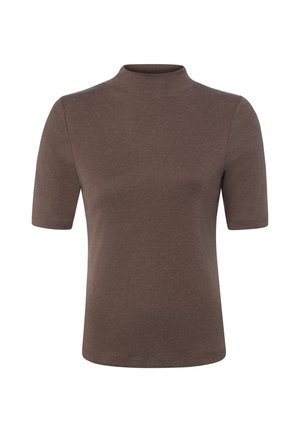 Brown short-sleeve t-shirt with a high crew neckline, displayed on a white background.