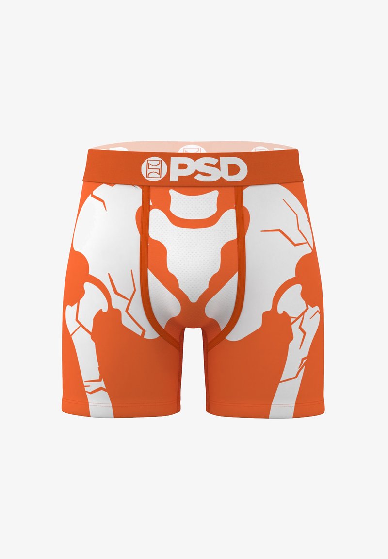 Oranje boxershorts met een wit skeletontwerp. Gemaakt van rekbaar materiaal, met een geribbelde oranje tailleband en mesh accenten.