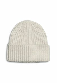 Beanie crema lavorata a maglia con un design a coste testurizzato, caratterizzata da un risvolto e realizzata in un morbido materiale misto lana.