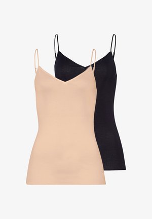 Deux camisoles pour femmes, une beige et une noire, toutes deux avec de fines bretelles spaghetti réglables et des encolures en V, présentées sur un fond blanc.