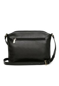 Borsa a tracolla nera in pelle con forma rettangolare, tasca frontale con zip e tracolla regolabile. Texture liscia con una leggera lucentezza.
