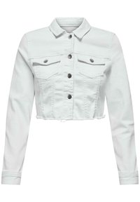 Vit denimjacka med cropped längd och långa ärmar, knäppning fram, två bröstfickor och råkant detaljer. Har metallknappar och krage.