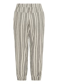 Lightweight, beige pants with vertical black stripes; elastic waistband and cuffed ankles; soft texture.