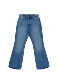 Light blue denim wide-leg jeans with a mid-rise waist, five-pocket design, and faded areas on the front, highlighting a casual look.