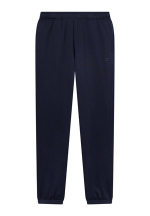 Pantalones de chándal azul marino hechos de material suave con cintura elástica y tobillos ajustados; cuentan con bolsillos laterales y un detalle de logo.