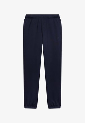 Pantalones de chándal azul marino hechos de material suave con cintura elástica y tobillos ajustados; cuentan con bolsillos laterales y un detalle de logo.