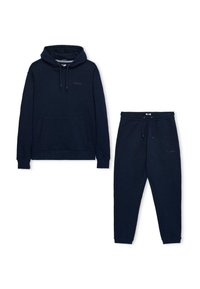 Navyfarbener Kapuzenpullover und passende Jogginghose aus weichem Material. Mit einer Vordertasche und einem Kordelzugbund für die Hose.