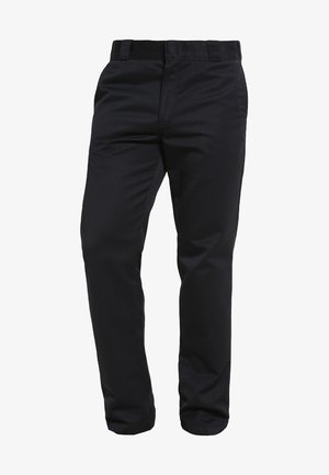 Pantaloni negri, drepți, realizați dintr-un material neted, cu bucle pentru curea și buzunare frontale, având o siluetă curată și bine croită.