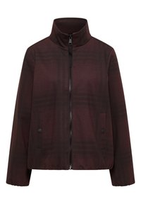 Veste zippée marron foncé avec col haut, manches longues, deux poches avant avec boutons-pression, et ourlet et poignets élastiqués.