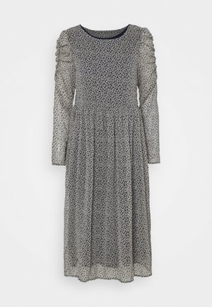 Marineblaues Midikleid mit floralen Mustern, langen, transparenten Puffärmeln, rundem Ausschnitt, gerafftem Oberteil und fließendem Rock aus leichtem Material.