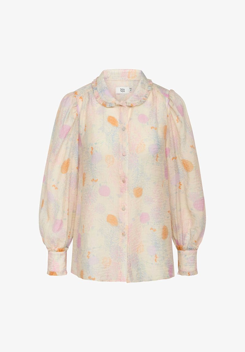 Bloes met bloemenpatroon en rimpelachtige kraag, lange pofmouwen, knopen aan de voorkant, pastelkleuren waaronder roze, oranje en lichtgeel.