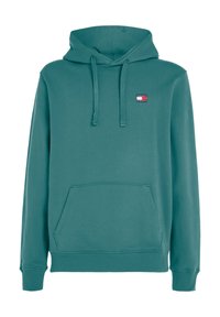 Sudadera con capucha en color azul verdoso con un bolsillo tipo canguro. Presenta cordones y un pequeño logo de marca en el pecho. Tejido de mezcla de algodón.