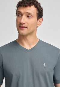 Grå V-ringad t-shirt i mjukt tyg, med en liten, broderad logotyp på vänster bröst och korta ärmar.