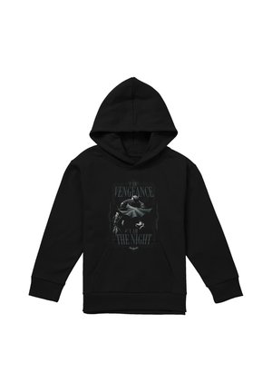 Schwarzer Hoodie mit Batman-Grafik und dem Text "I am vengeance, I am the night" vorne, mit Batman in einer Aktionspose.