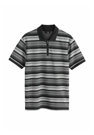 Čierno-sivé pruhované polo tričko s krátkym rukávom, so zipsovým golierom, textúrovaným pleteným materiálom a rebrovanými manžetami rukávov.