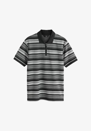 Īsām piedurknēm melna un pelēka svītrota polo krekls ar rāvējslēdzēja apkakli, fakturētu adījuma audumu un ribotu piedurkņu aproci.