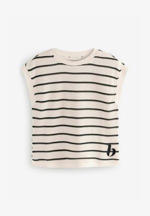 Pasiasty, krótki top z krótkim rękawem w kremowo-czarnym kolorze, z okrągłym dekoltem i małym haftowanym logo 'b' na dolnym brzegu.