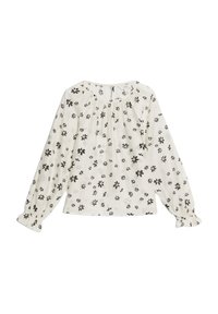 Blusa a maniche lunghe con stampa floreale in crema e motivi di fiori neri. Presenta un colletto rotondo e dettagli arricciati sulla spalla.