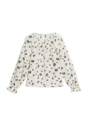 Blusa a maniche lunghe con stampa floreale in crema e motivi di fiori neri. Presenta un colletto rotondo e dettagli arricciati sulla spalla.