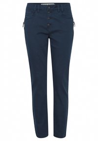 Marineblauwe broek gemaakt van een katoenmix stof, met een ritszak, een vijfknopen voorkant, slim fit en rechte pijpen.