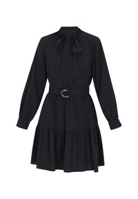 Robe bleu marine avec un col montant, de longues manches bouffantes, un accent de nœud tie bow et une taille ceinturée. Comprend une jupe froncée et une texture de tissu lisse.