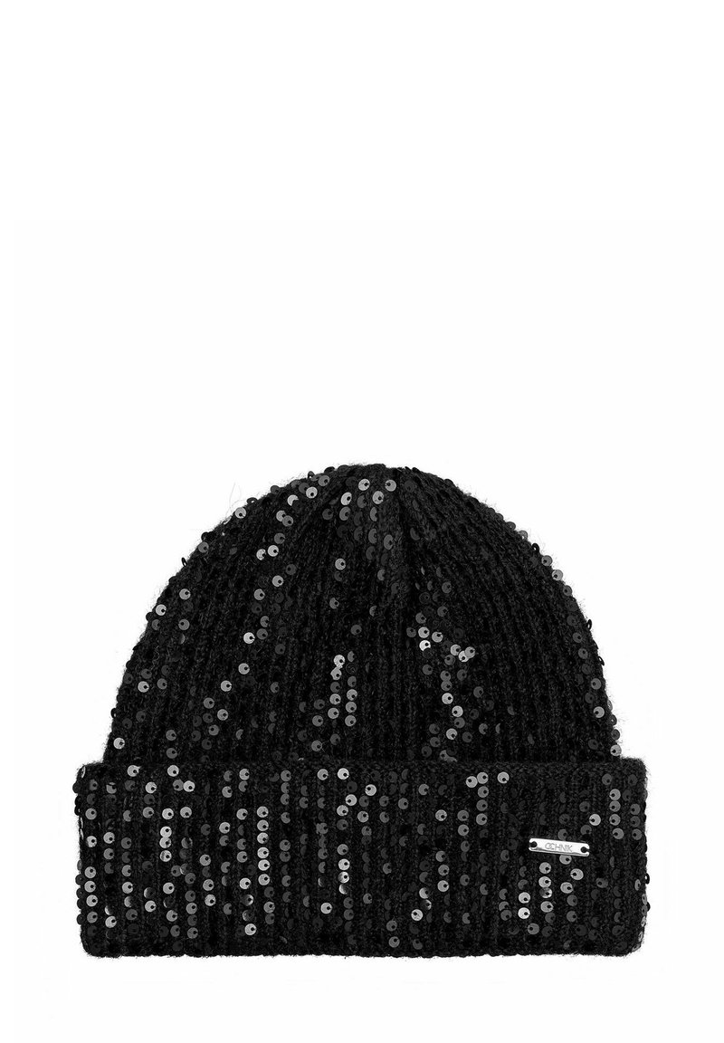 Czarna dziana czapka z mankietem pokryta cekinami. Posiada małą metalową metkę z przodu.