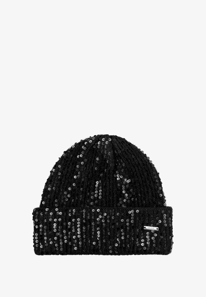 Czarna dziana czapka z mankietem pokryta cekinami. Posiada małą metalową metkę z przodu.