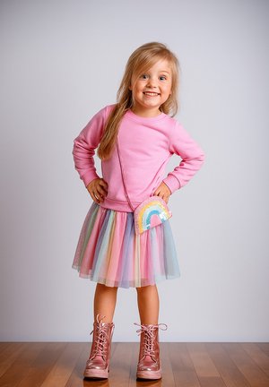 Rosa Sweatshirt mit langen Ärmeln, geschichteter pastellfarbener Tüllrock, glänzende rosa Stiefel und eine Handtasche mit Regenbogenmuster. Steht auf einem Holzboden.