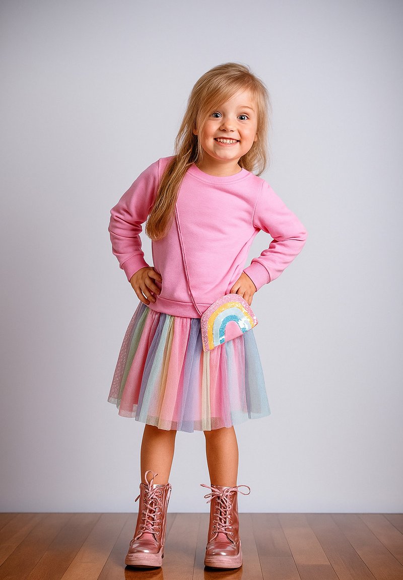 Rosa Sweatshirt mit langen Ärmeln, geschichteter pastellfarbener Tüllrock, glänzende rosa Stiefel und eine Handtasche mit Regenbogenmuster. Steht auf einem Holzboden.