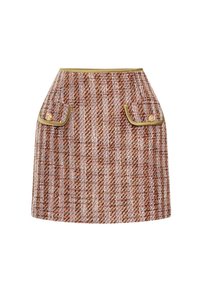 Tweed skirt with a brown, pink, and white vertical striped pattern. Features two front pockets with gold accents and a gold trim at the waist.