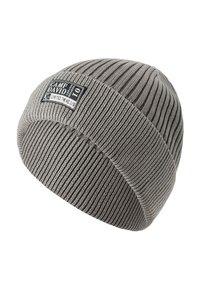 Gray knitted beanie with vertical ribbed texture. Features a black label with "CAMP DAVID" and limited edition details. Soft material.