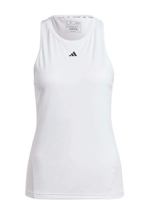 Witte mouwloze sporttanktop van gladde stof, met een ronde hals en een klein zwart Adidas-logo op de borst.
