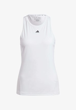 Weißes ärmelloses Sporttanktop aus glattem Stoff, mit Rundhalsausschnitt und kleinem schwarzen Adidas-Logo auf der Brust.