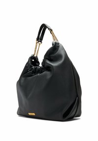 Black leather handbag with a slouchy design, gathered top, and gold chain accents. Features a smooth texture and a small metal logo plate.