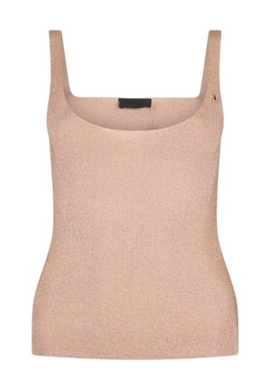 Top a coste senza maniche beige con scollo quadrato e delicata luminosità, con un piccolo logo metallico sulla spallina sinistra.