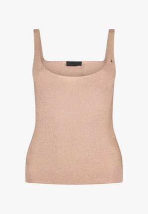 Top a coste senza maniche beige con scollo quadrato e delicata luminosità, con un piccolo logo metallico sulla spallina sinistra.