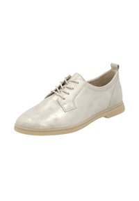 Chaussures à lacets métalliques argentées avec un bout rond, design minimaliste, texture douce et semelle en caoutchouc beige.