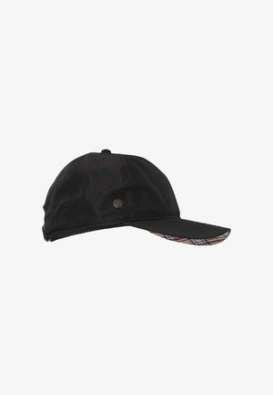 Casquette de baseball noire à visière courbée présentant un dessous à carreaux beige, rouge et noir, avec un petit bouton en métal sur le côté.