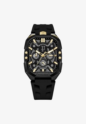 Zwarte rechthoekige chronograaf horloge met gouden accenten, siliconen band, getextureerde wijzerplaat en drie sub-dials voor tijdsregistratiefuncties.