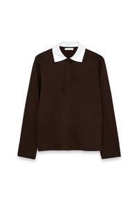 Langärmliges Polohemd in Dunkelbraun mit einem kontrastierenden weißen gerippten Kragen, ausgestattet mit einer Vorderleiste und einer weichen Textur.