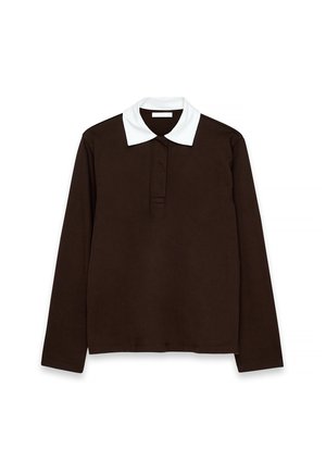 Long-sleeve polo shirt in dark brown with a contrasting white ribbed collar, featuring a front placket and a soft texture.