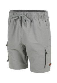 Light gray casual shorts with elastic waistband, drawstring, side cargo pockets, and small color logo on the bottom hem pocket.