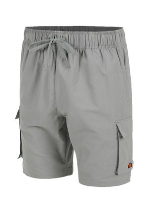 Hellgraue lässige Shorts mit elastischem Bund, Kordelzug, seitlichen Cargo-Taschen und kleinem farbigen Logo am unteren Saum der Tasche.
