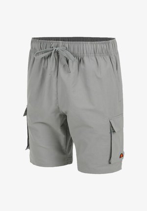 Pantaloni corti casual grigio chiaro con cintura elasticizzata, coulisse, tasche cargo laterali e piccolo logo colorato sull'orlo della tasca.