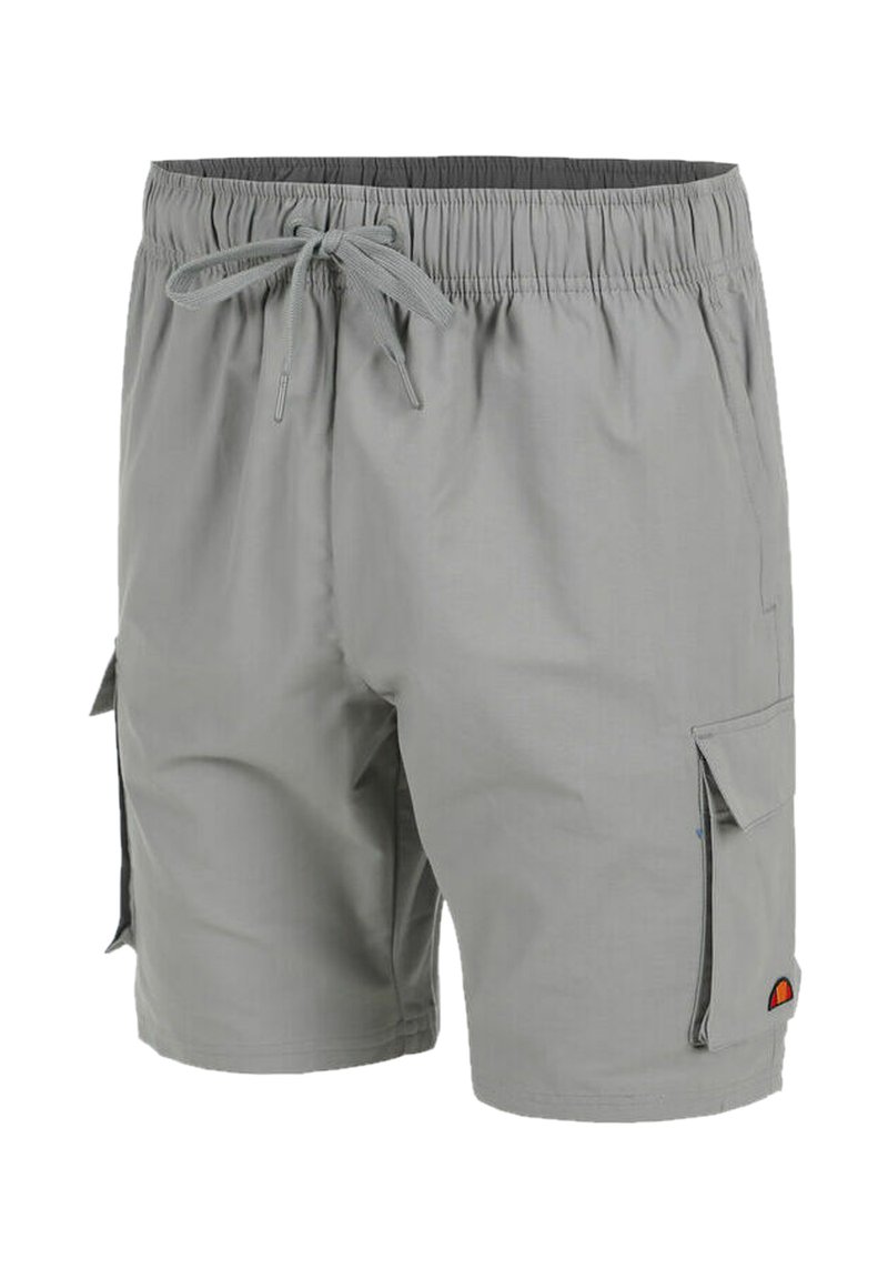 Light gray casual shorts with elastic waistband, drawstring, side cargo pockets, and small color logo on the bottom hem pocket.